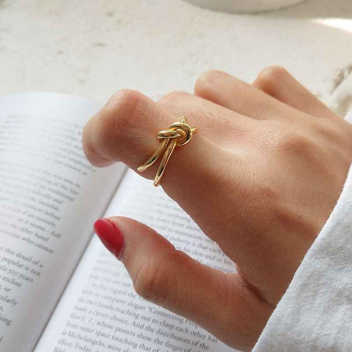 Rosalie knotted geometric silver ring, front view