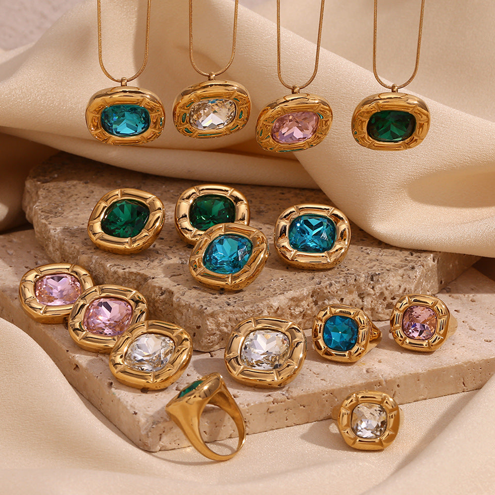 18K Gold Round Corner Square Flower Zircon Ear Studs - Beauty Accessories