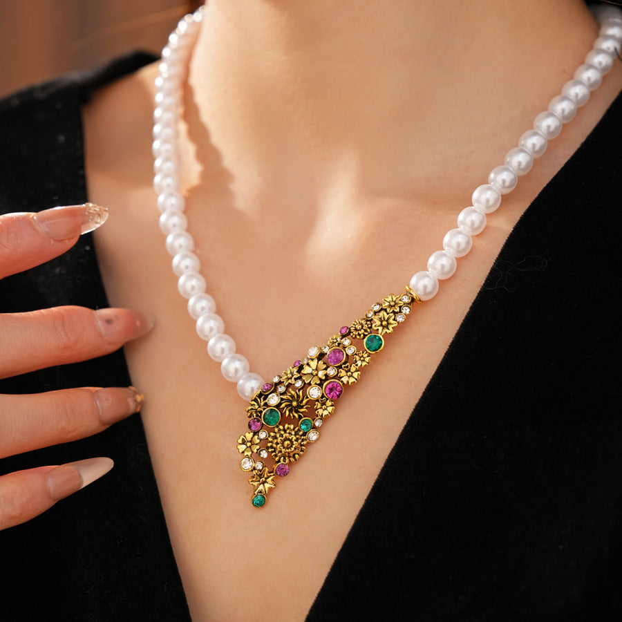 Vintage Baroque Pearl Necklace And Earrings Set Colorful Crystal Floral Jewelry Set