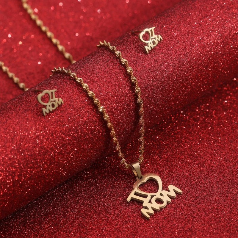 Mother's Day Jewelry Set Stainless Steel Pendant Necklace Earrings - Beauty Accessories