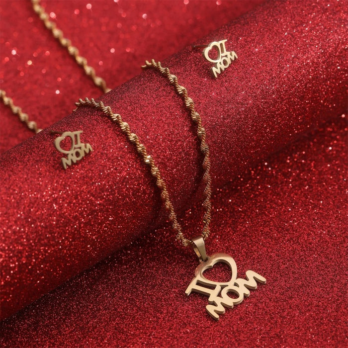 Amora heart pendant necklace and earring set, front view