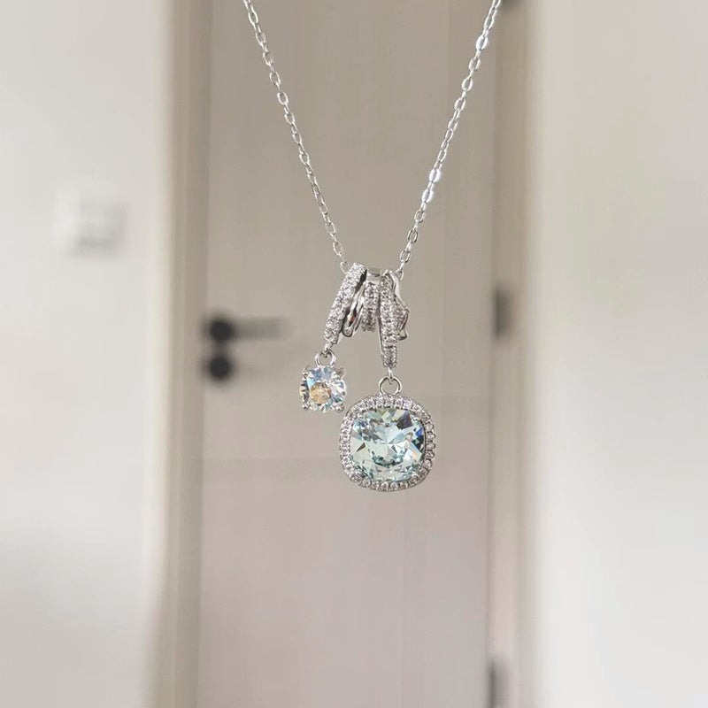 S925 Pure Silver Ice-clear Sea Blue Square Necklace - Beauty Accessories
