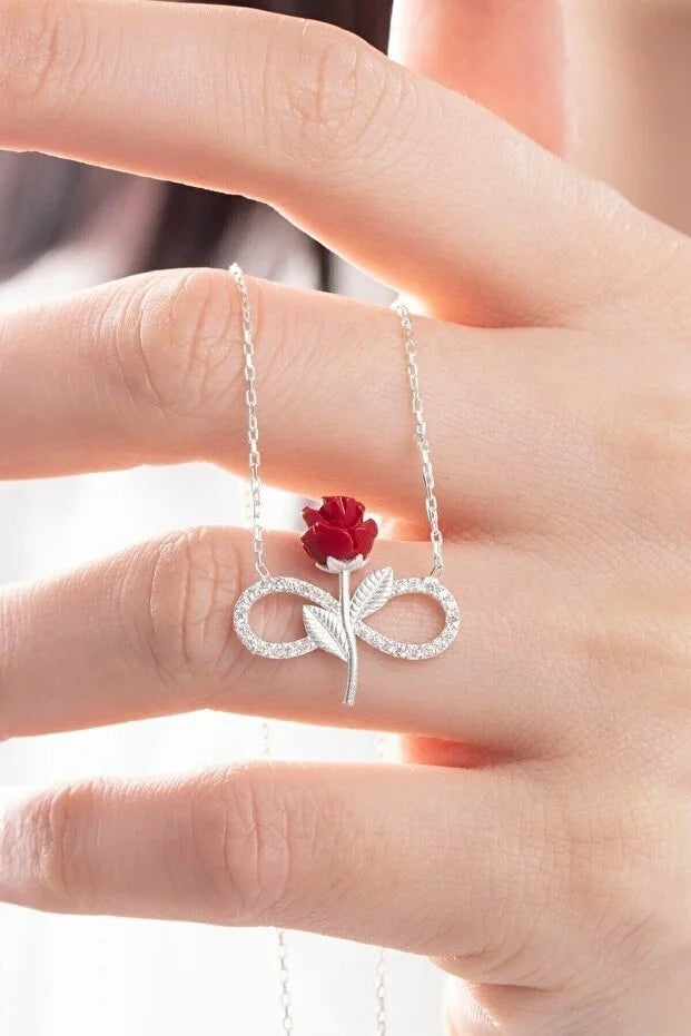 925 Sterling Silver Red Rose Infinity Necklace With White Stone - Beauty Accessories