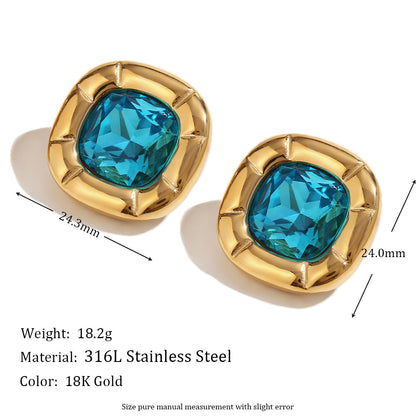 18K Gold Round Corner Square Flower Zircon Ear Studs - Beauty Accessories