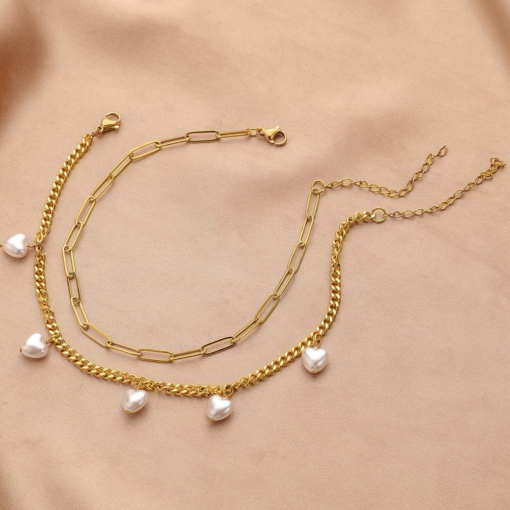 Stainless Steel Gold Double Love Pearl Anklet - Beauty Accessories