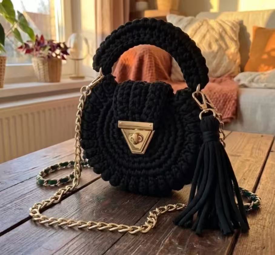 Bohemian Womens Solid-Colored Fabric-Strap Crochet Bag - Beauty Accessories