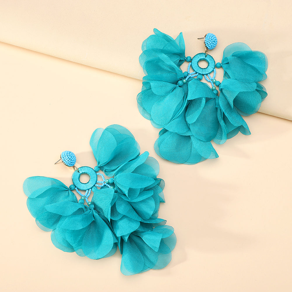 Handmade Bohemian Beaded Chiffon Flower Tassel Earrings - Beauty Accessories