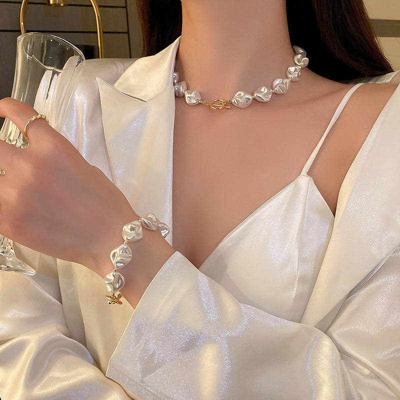 Irregular Pearl Necklace & Bracelet Set Baroque Style Pearl