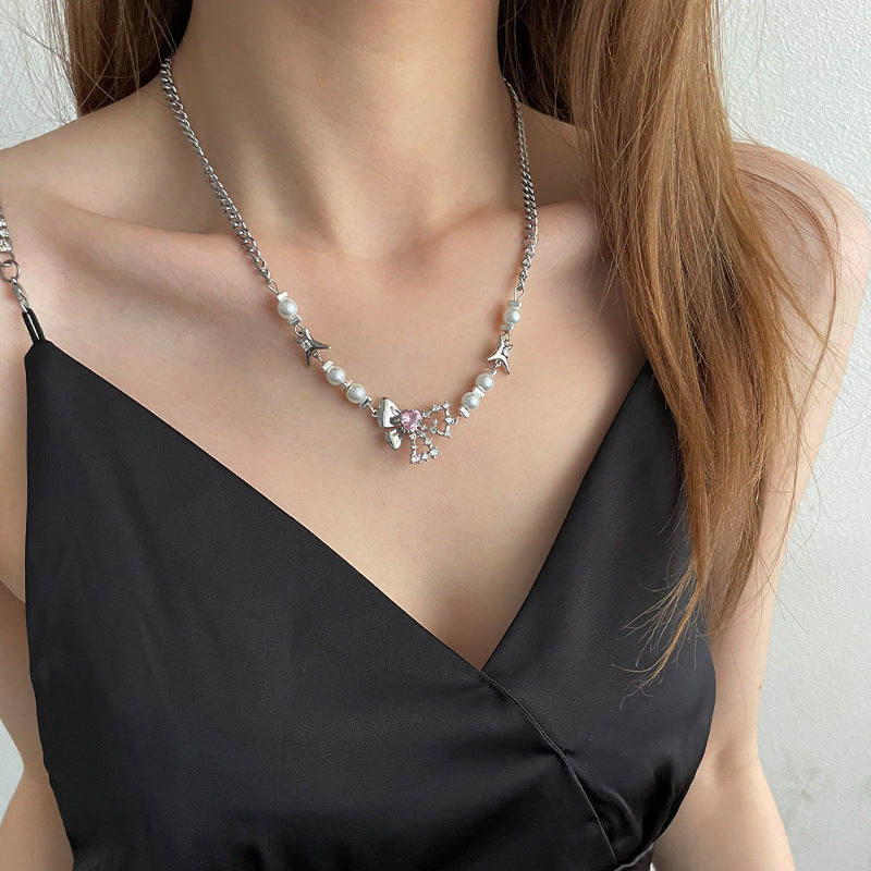 Love Pearl Stitching Bow Necklace - Beauty Accessories