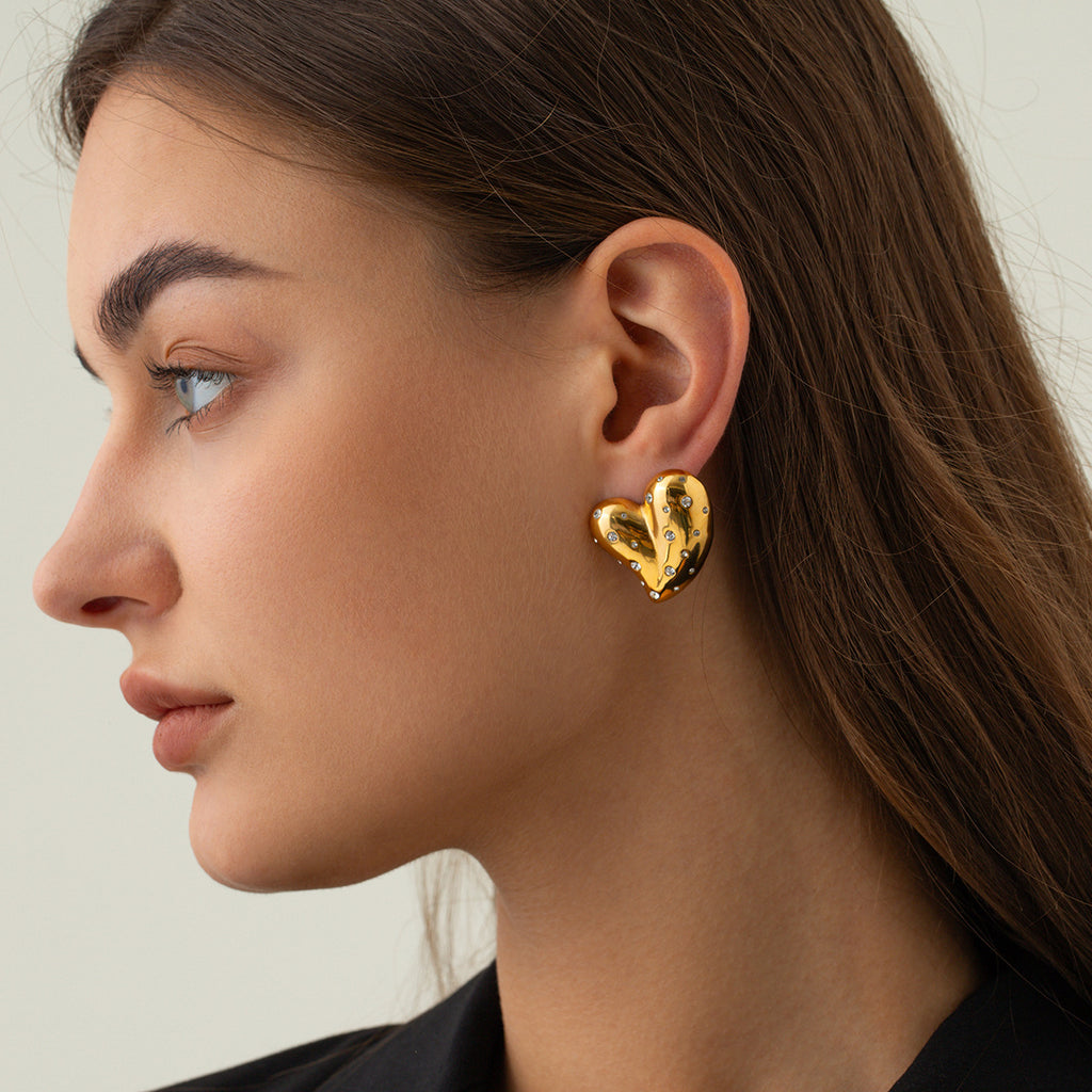 Fashion 18K Gold Stainless Steel Inlaid White Diamond Love Heart Earrings - Beauty Accessories