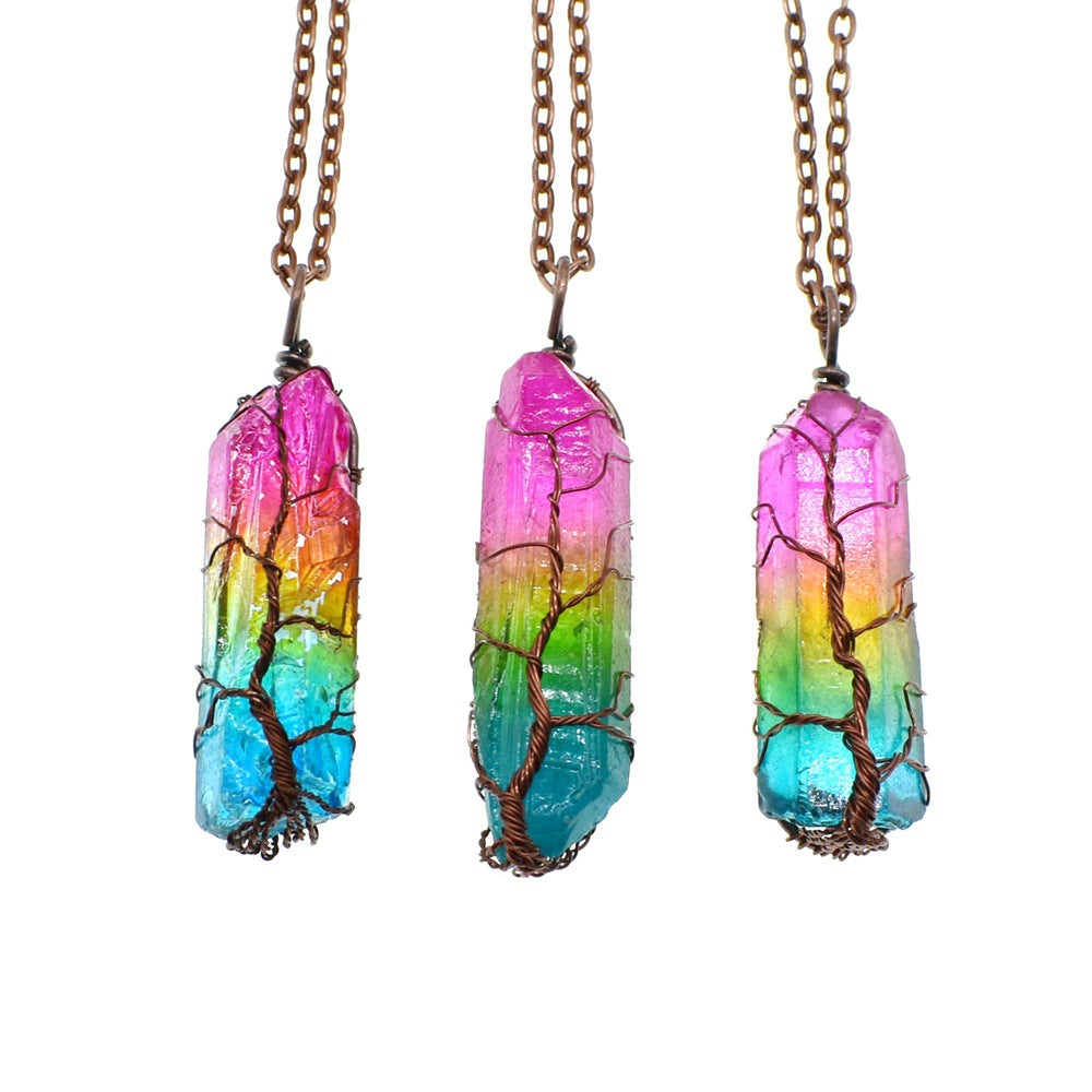 Stone Crystal Pillar Tree Of Life Pendant Ins Fashion Necklace - Beauty Accessories