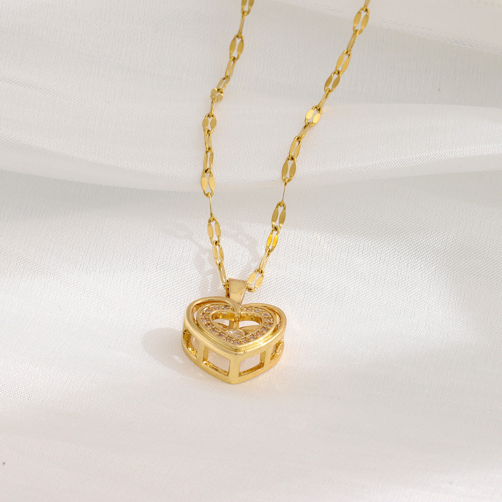 Double-layer Love Necklace With Rhinestones Titanium Steel - Beauty Accessories