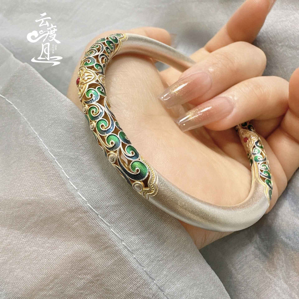 S999 Sterling Silver Enamel Scroll Pattern Gold-Painted Bracelet For Women, Chinese Traditional Style, Fixed Bangle, All-Match Jewelry