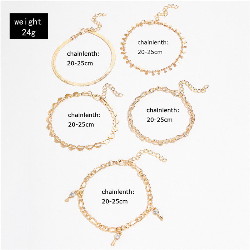 5 Pcs Women Fashion Gold Color Heart Crystal Key Anklets - Beauty Accessories