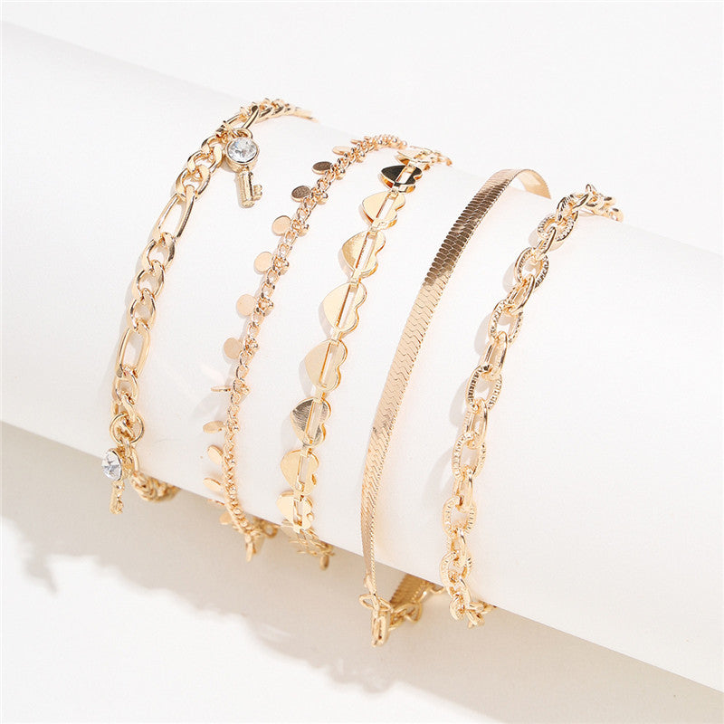 5 Pcs Women Fashion Gold Color Heart Crystal Key Anklets - Beauty Accessories