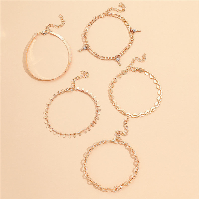 5 Pcs Women Fashion Gold Color Heart Crystal Key Anklets - Beauty Accessories