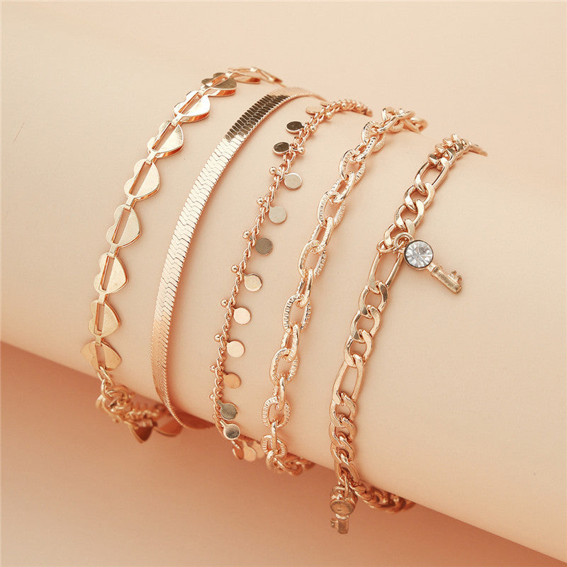5 Pcs Women Fashion Gold Color Heart Crystal Key Anklets - Beauty Accessories