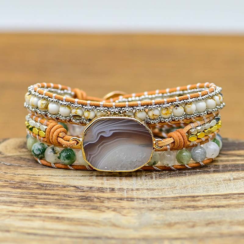 Natural Cut Agate Bracelet Stone Alloy Beads Hand Woven - Beauty Accessories