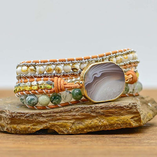 Natural Cut Agate Bracelet Stone Alloy Beads Hand Woven - Beauty Accessories
