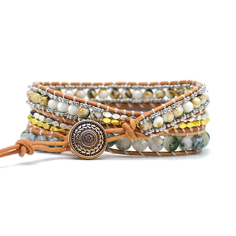 Natural Cut Agate Bracelet Stone Alloy Beads Hand Woven - Beauty Accessories