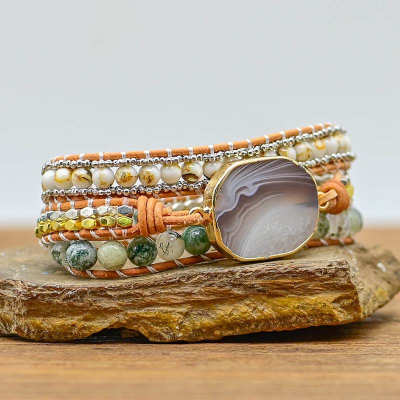 Natural Cut Agate Bracelet Stone Alloy Beads Hand Woven - Beauty Accessories