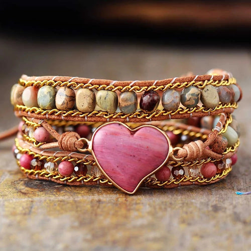 Love Heart Red Wood Grain Bracelet Natural Stone Hand Woven Multilayer - Beauty Accessories