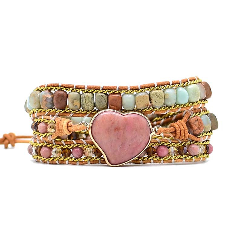 Love Heart Red Wood Grain Bracelet Natural Stone Hand Woven Multilayer