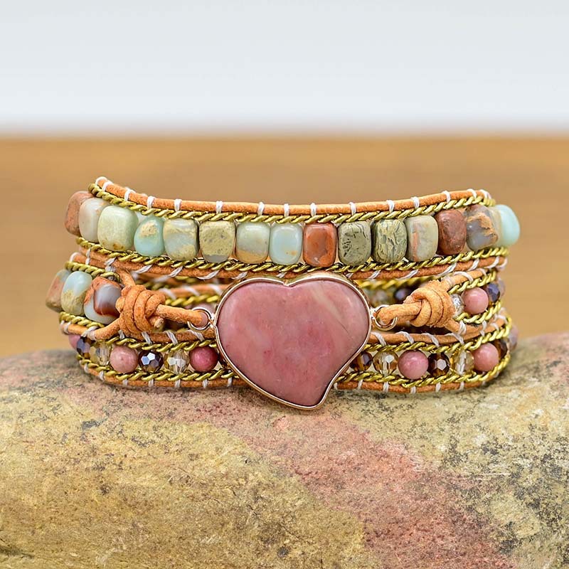 Love Heart Red Wood Grain Bracelet Natural Stone Hand Woven Multilayer