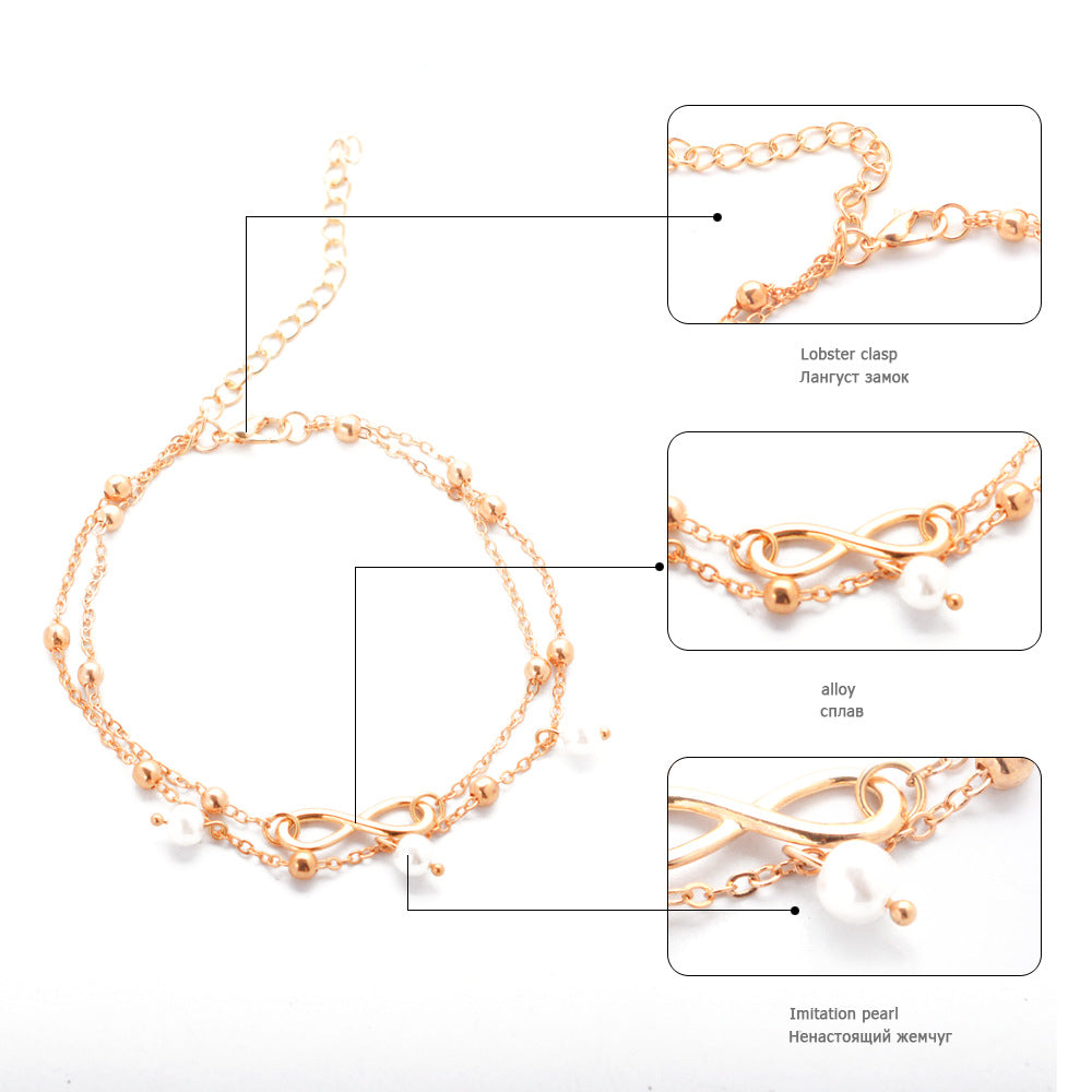 Women's Alloy Anklet With 8-shaped Double-layer Pearls - Beauty Accessories