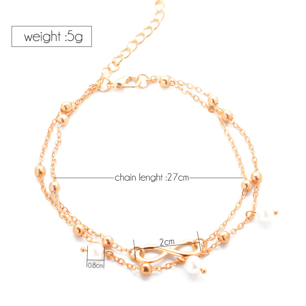 Women's Alloy Anklet With 8-shaped Double-layer Pearls - Beauty Accessories