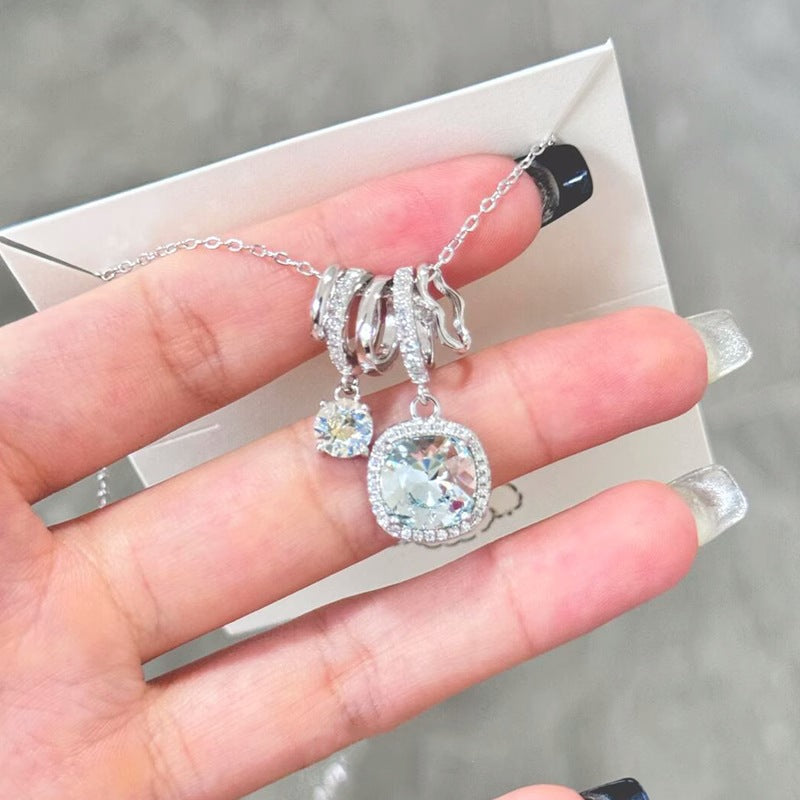 S925 Pure Silver Ice-clear Sea Blue Square Necklace - Beauty Accessories