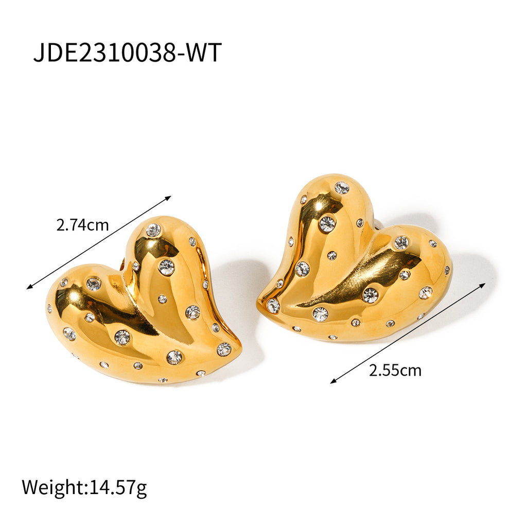 Fashion 18K Gold Stainless Steel Inlaid White Diamond Love Heart Earrings - Beauty Accessories