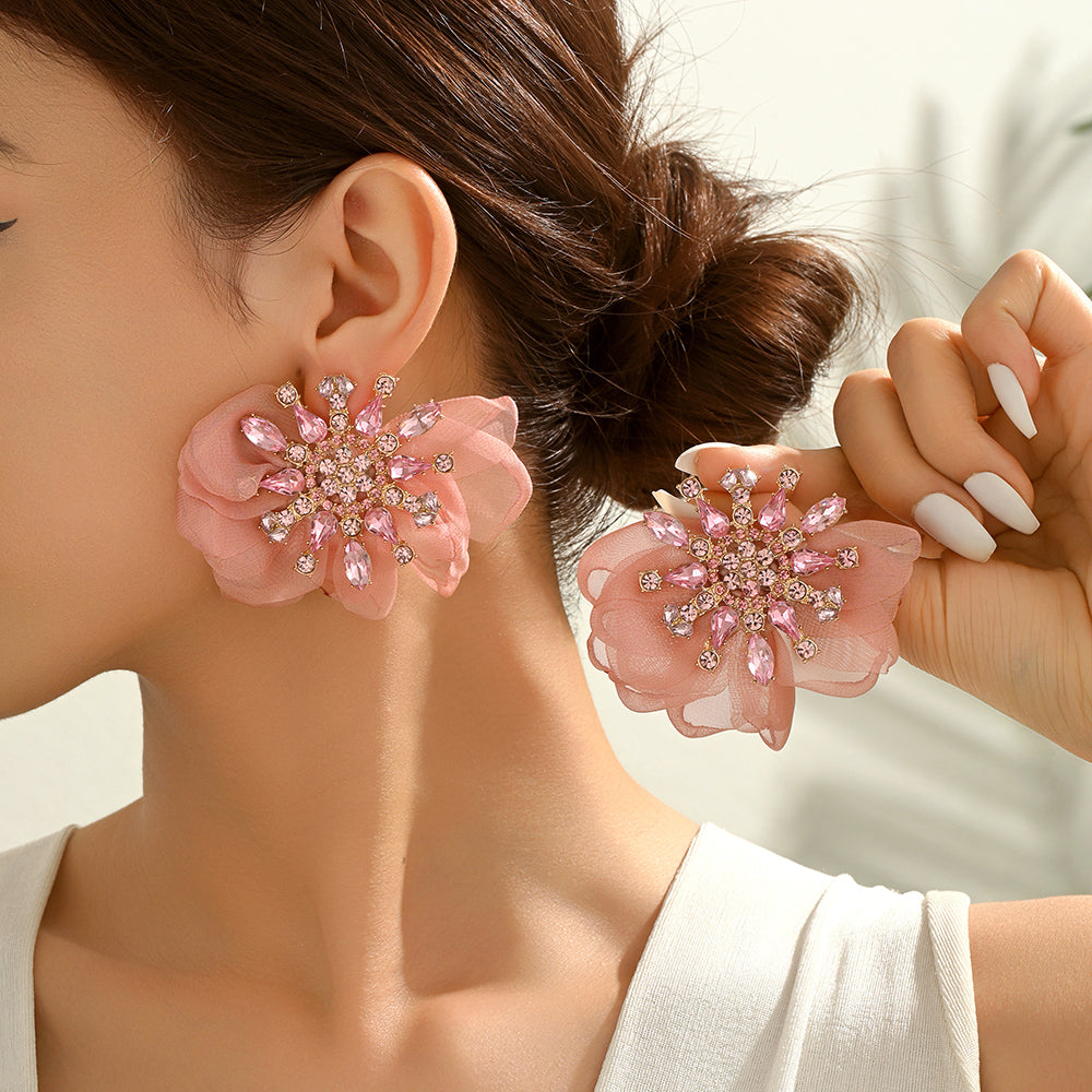 Bohemian Rhinestone Chiffon Flower Stud Earrings For Women - Beauty Accessories