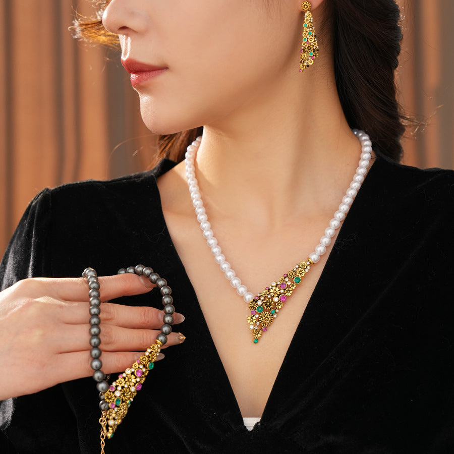 Vintage Baroque Pearl Necklace And Earrings Set Colorful Crystal Floral Jewelry Set