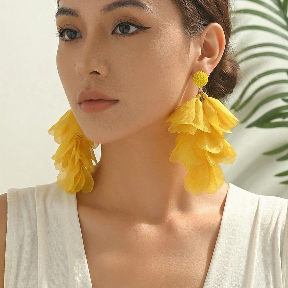 Bohemian Long Fabric Chiffon Petal Tassel Earrings - Beauty Accessories