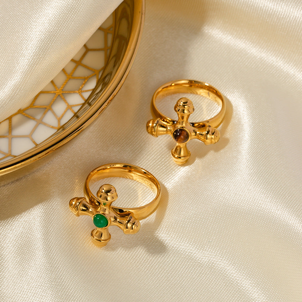 Stainless Steel Inlaid Stone Cross Gold-plated Titanium Steel Ring For Women