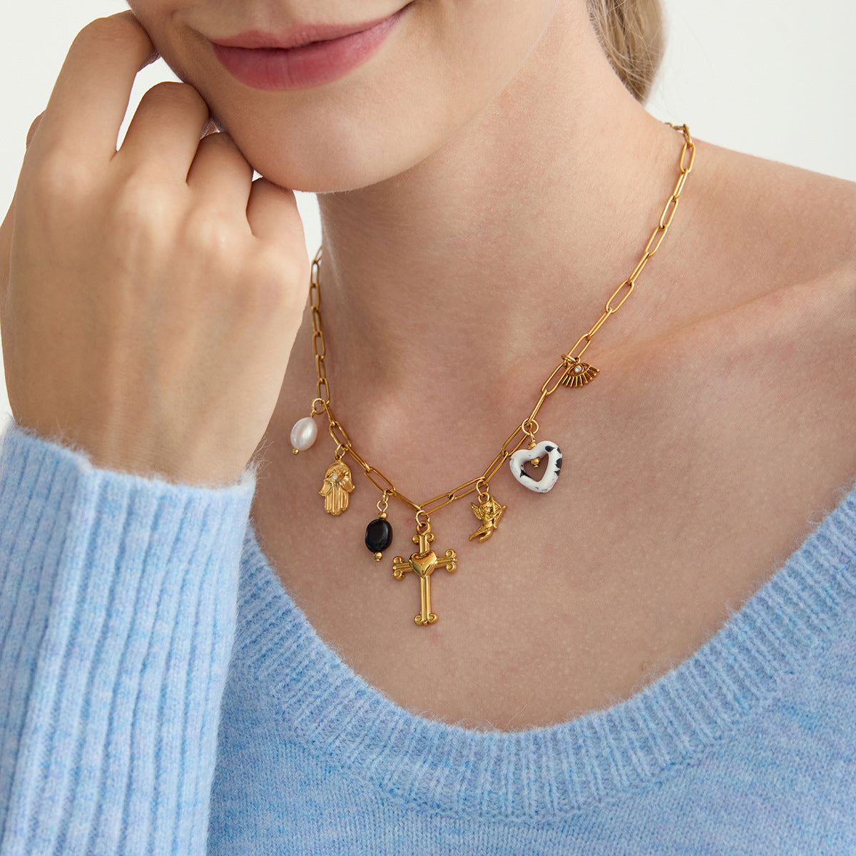 Retro 18K Gold Stainless Steel Jewelry Freshwater Pearl Necklace