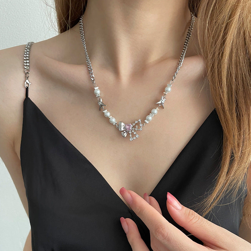 Love Pearl Stitching Bow Necklace - Beauty Accessories