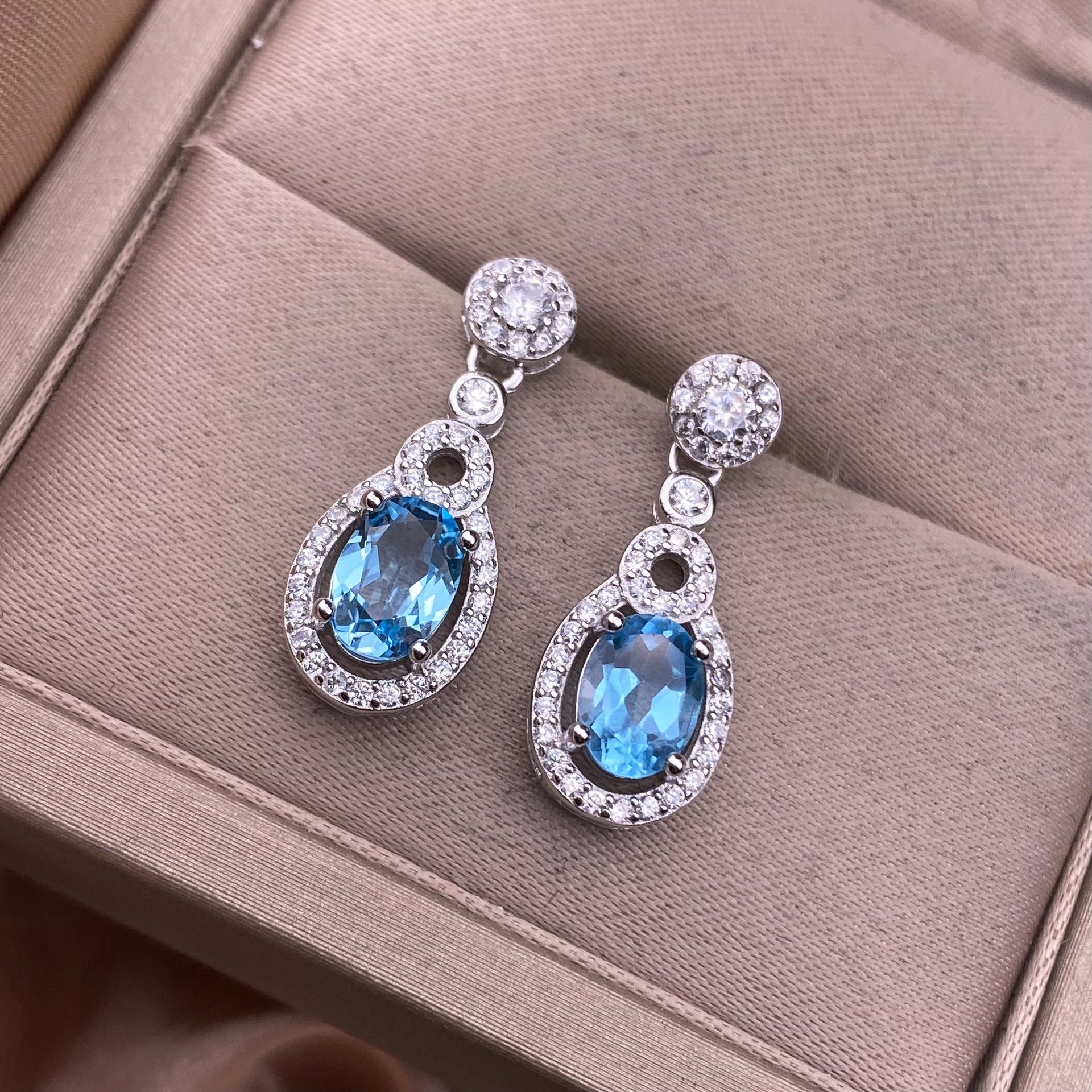 Blue Topaz Earrings S925 Silver Set With Full Diamonds