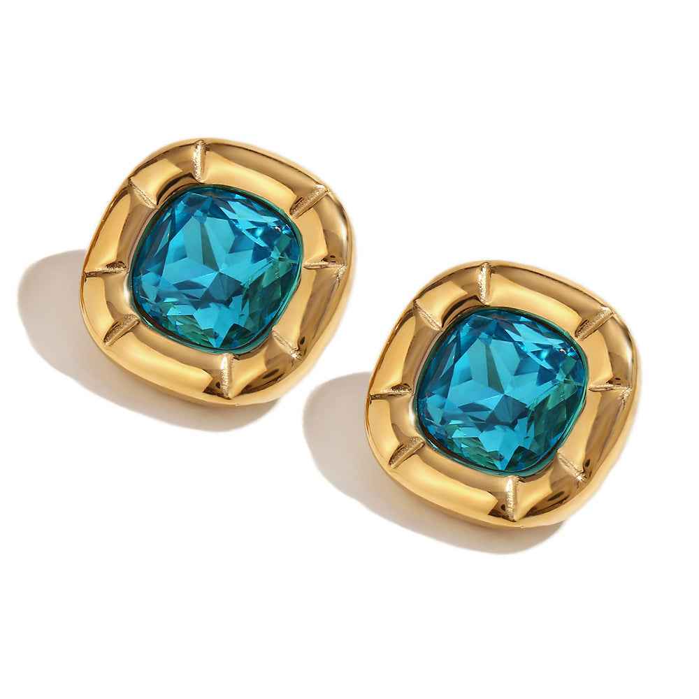 18K Gold Round Corner Square Flower Zircon Ear Studs - Beauty Accessories