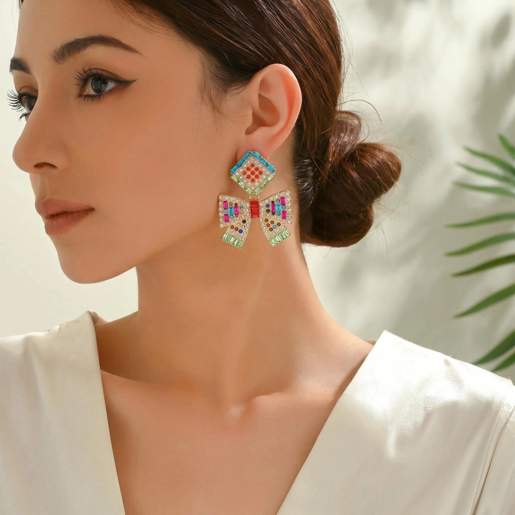 Multicolor Paved Rhinestone Bow Dangle Earrings - Beauty Accessories