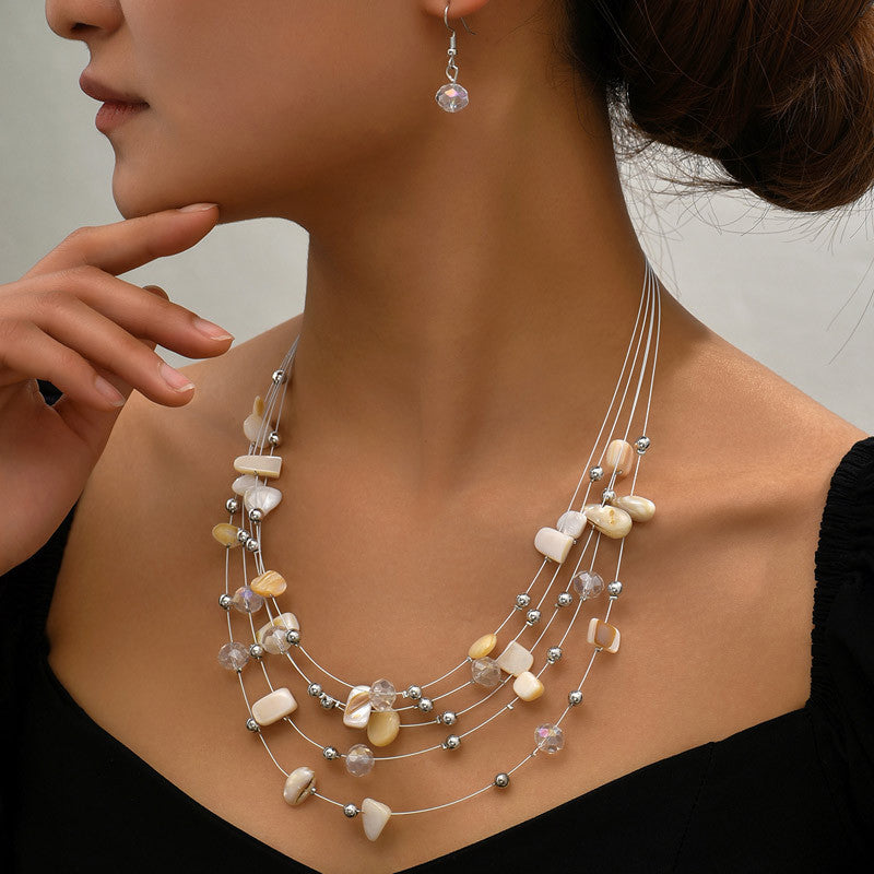 Bohemian Multi-layer Crystal Shell Earrings And Necklace Set - Beauty Accessories
