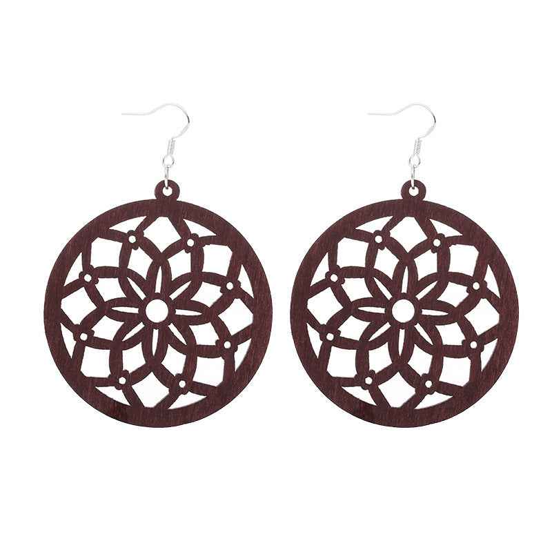 Exaggerated African Pattern Geometric Wooden Earrings Brown