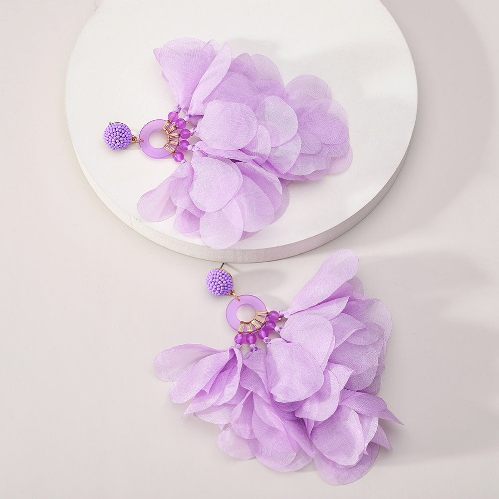 Bohemian Handmade Fabric Chiffon Flower Dangle Earrings - Beauty Accessories