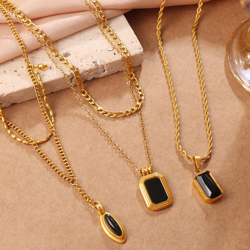 Vintage Stackable Black Onyx Pendant 18K Gold Plated Stainless Steel - Beauty Accessories
