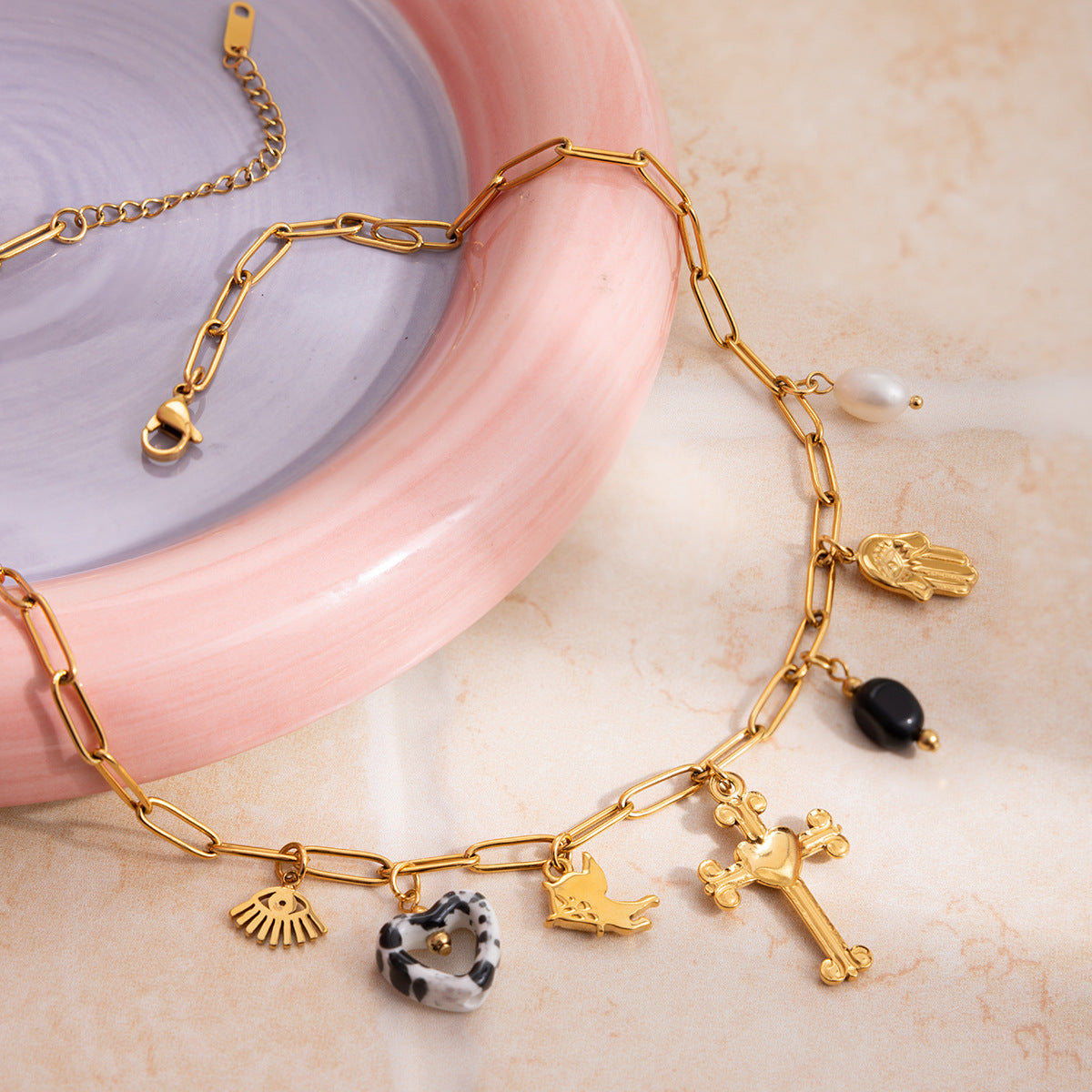 Retro 18K Gold Stainless Steel Jewelry Freshwater Pearl Necklace