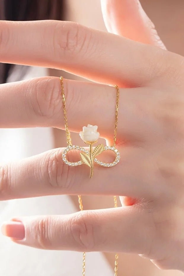 925 Sterling Silver Gold Plated White Rose Infinity Necklace - Beauty Accessories