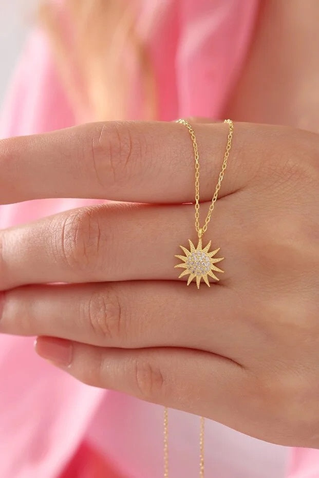 925 Sterling Silver Gold Plated Sun Pendant Necklace With White Zircon Stone