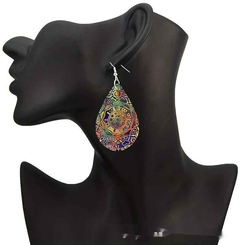 Pattern Small Water Drop Cross Mirror Popular Wooden Earrings