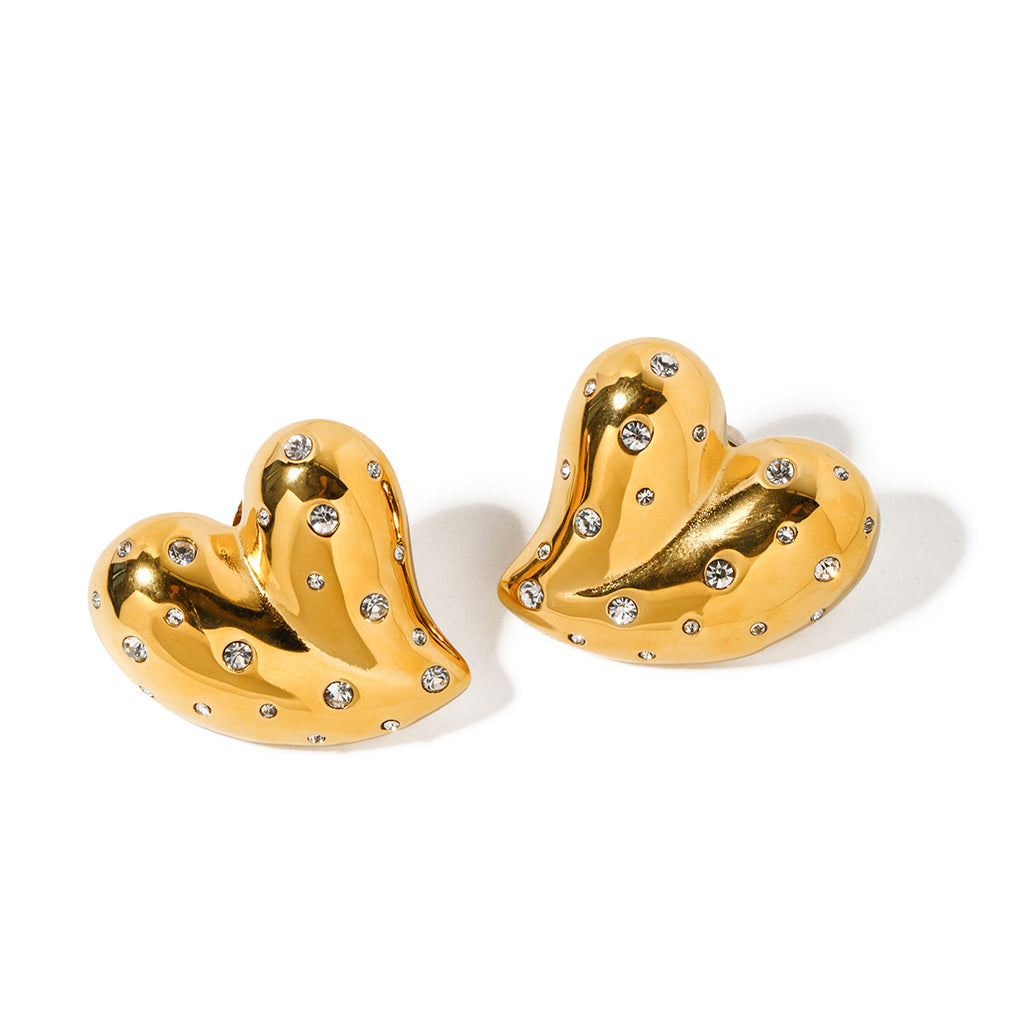 Fashion 18K Gold Stainless Steel Inlaid White Diamond Love Heart Earrings - Beauty Accessories